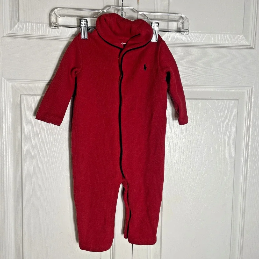 Ralph‎ Lauren Jumpsuit Baby 12M Red Knit One Piece Full Snap Closure Pony Logo